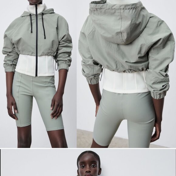 Zara Contrast Neoprene Effect Hooded Jacket Size L Sporty Cropped - Picture 2 of 14